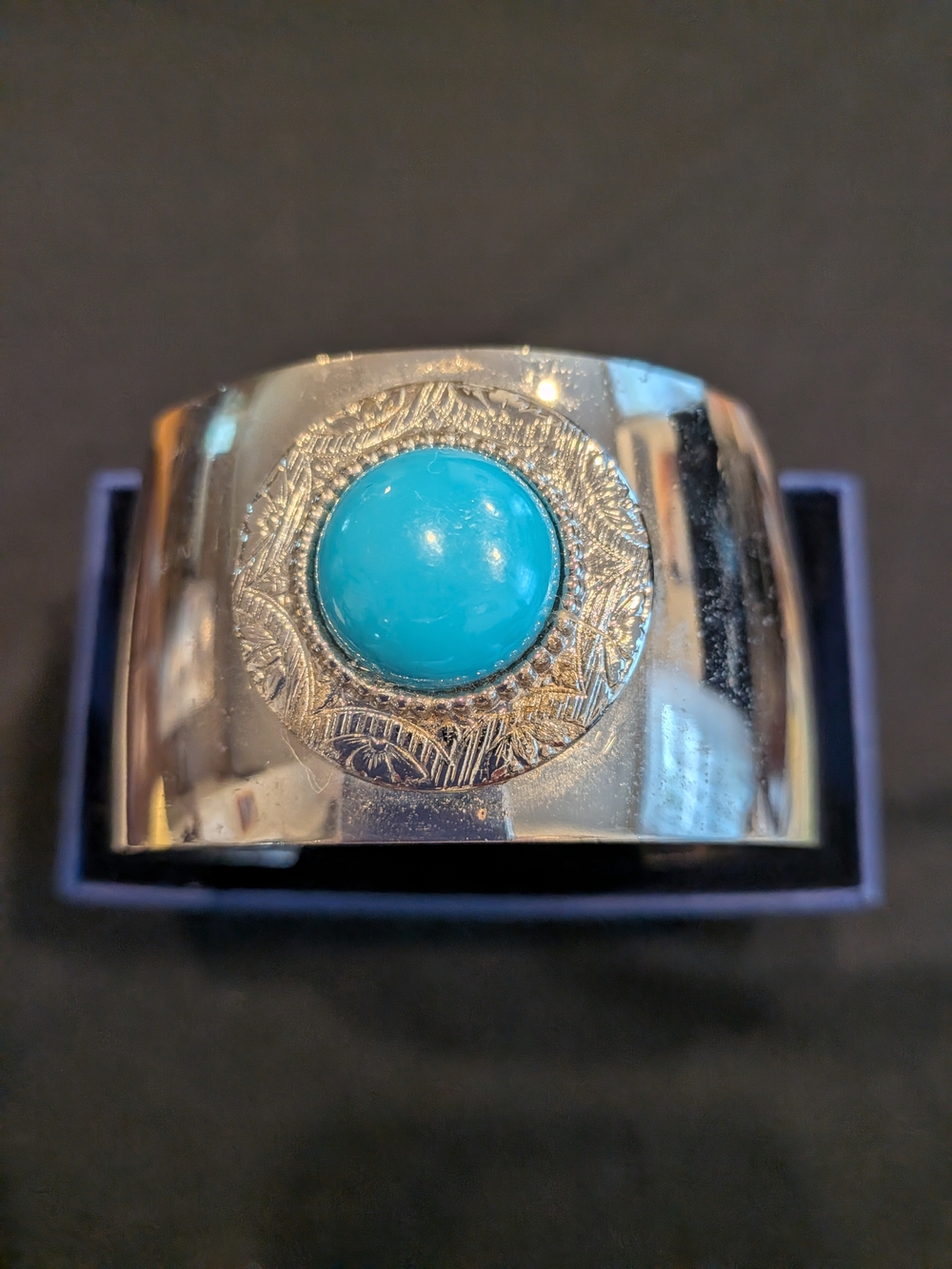 Silver Tone Cuff Bracelet with Turquoise Faux Cabochon Vintage From 1960s